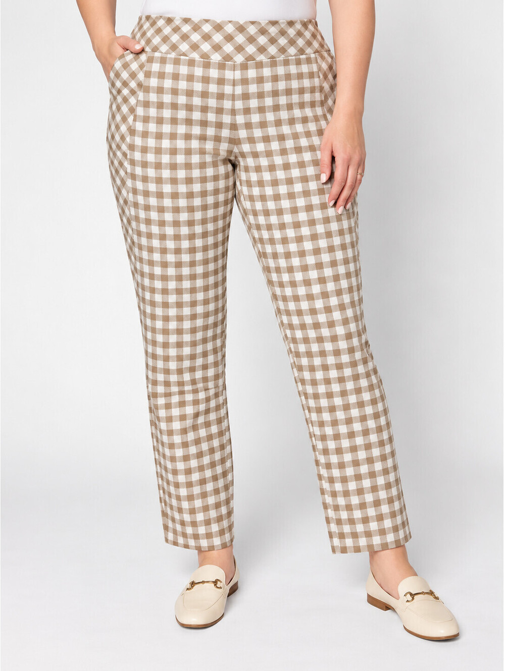 Isaac Mizrahi Live! Regular Gingham Pattern Slash Pocket Ankle Pants Taupe Large